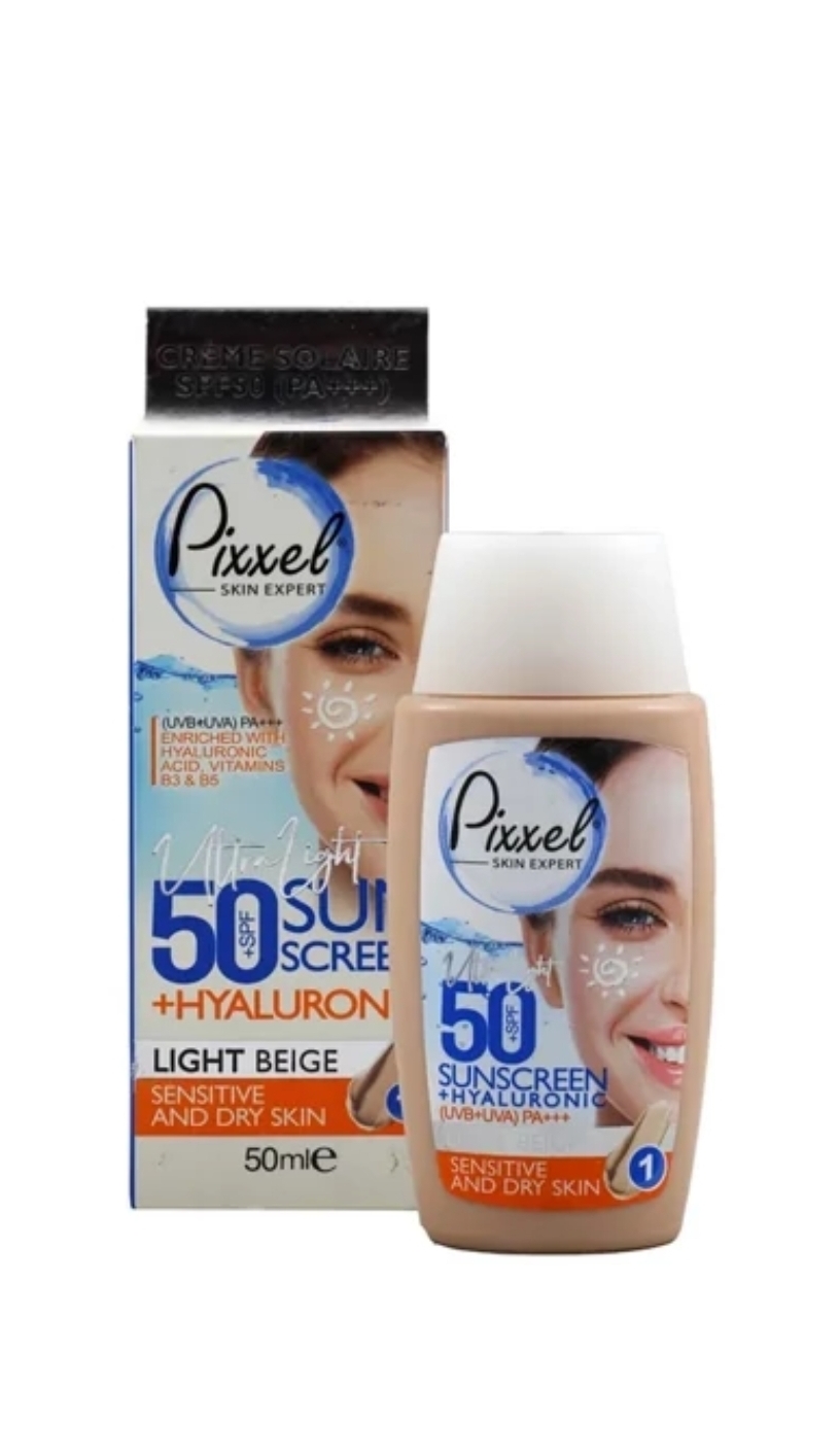 کرم ضد آفتاب رنگ بژ روشن پیکسل مناسب پوست های خشک تا نرمال و حساس با SPF 50 حجم ۵۰ میل