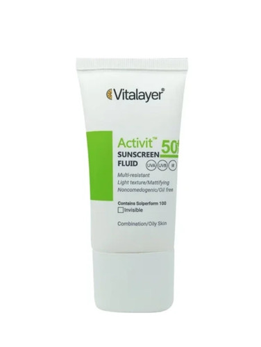 ضد آفتاب فلوئید ویتالایر مناسب پوست چرب مدل اکتی ویت بی رنگ SPF 50 حجم ۵۰ میل
